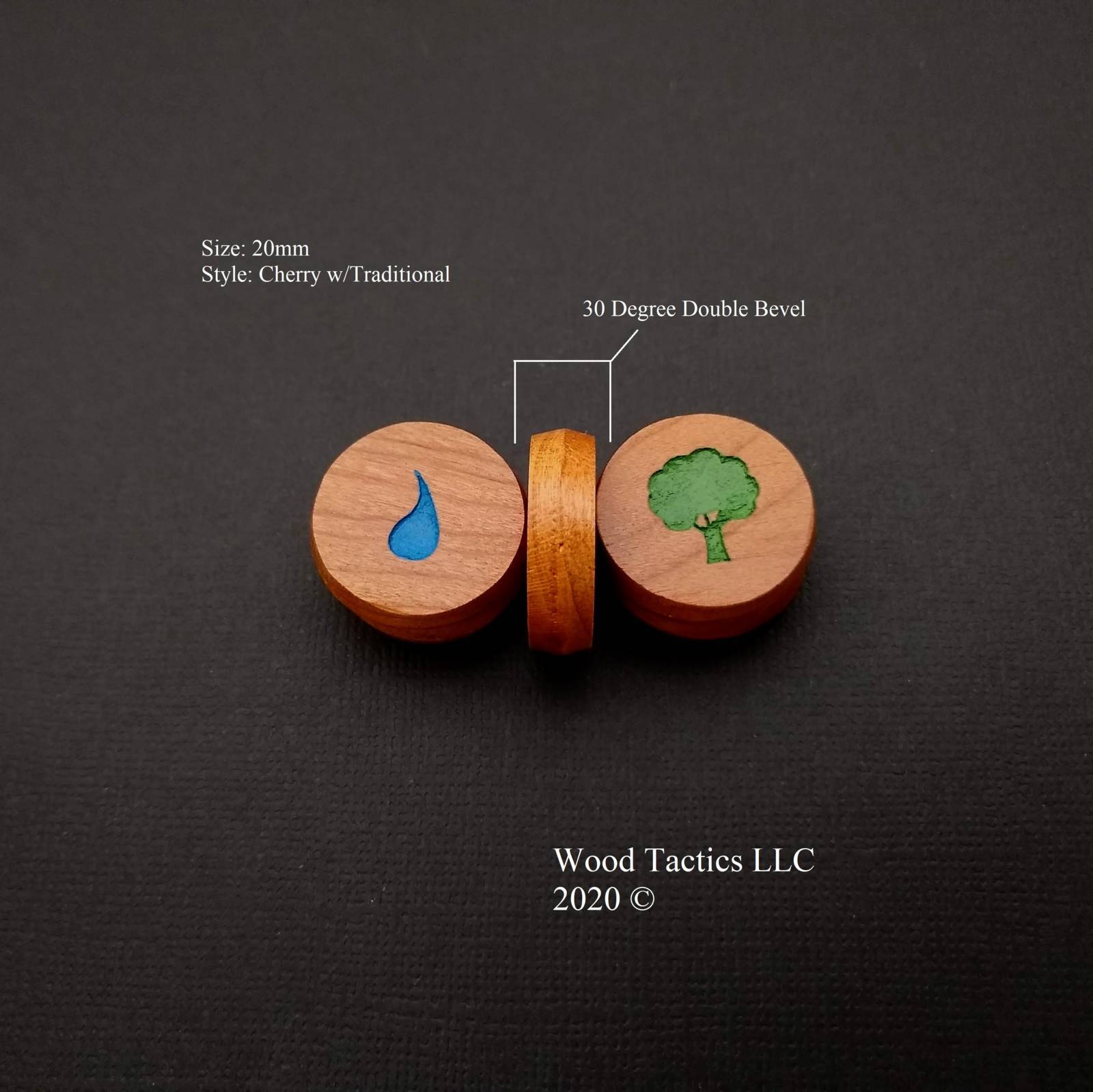 Cherry Hardwood Mana Tokens, showing the double 30d beveled edge for Magic The Gathering.