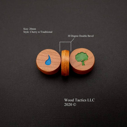 Cherry Hardwood Mana Tokens, showing the double 30d beveled edge for Magic The Gathering.