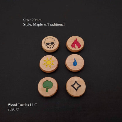 Mana Hardwood Tokens made from Maple and inked, for Magic The Gathering.
