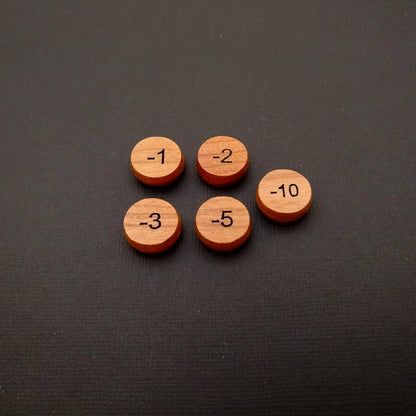 Numbered card game Tokens Made from Cherry Hardwood with standard numbers -1 ,-2, -3, -5, -10