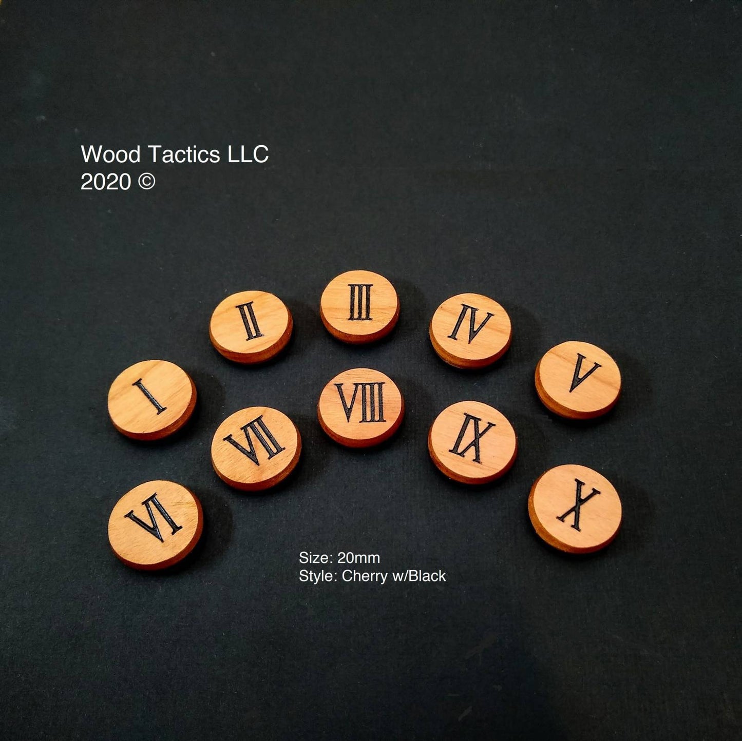 Numbered board game Tokens Made from Cherry Hardwood with Roman Numerals 1-10