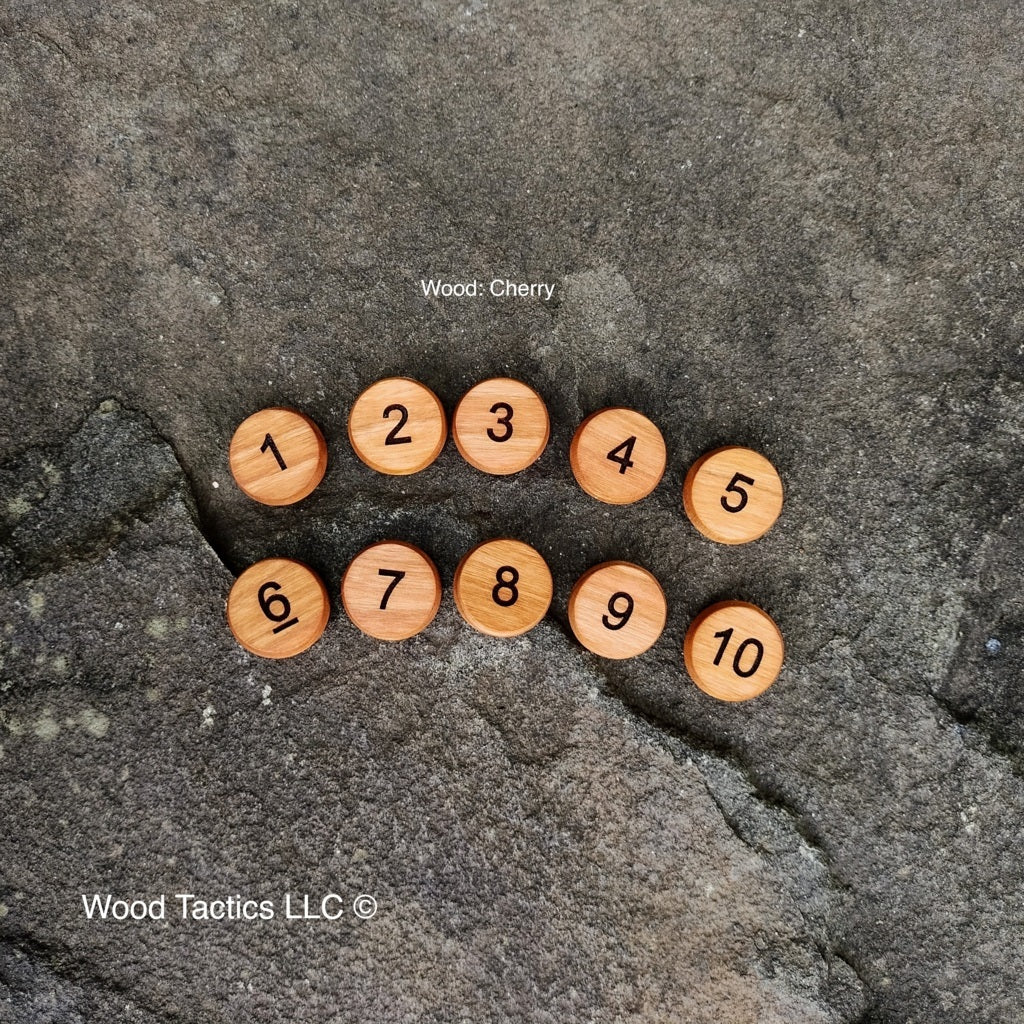 Numbered board game Tokens Made from Cherry Hardwood with standard numbers 1-10