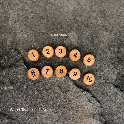 Numbered board game Tokens Made from Cherry Hardwood with standard numbers 1-10