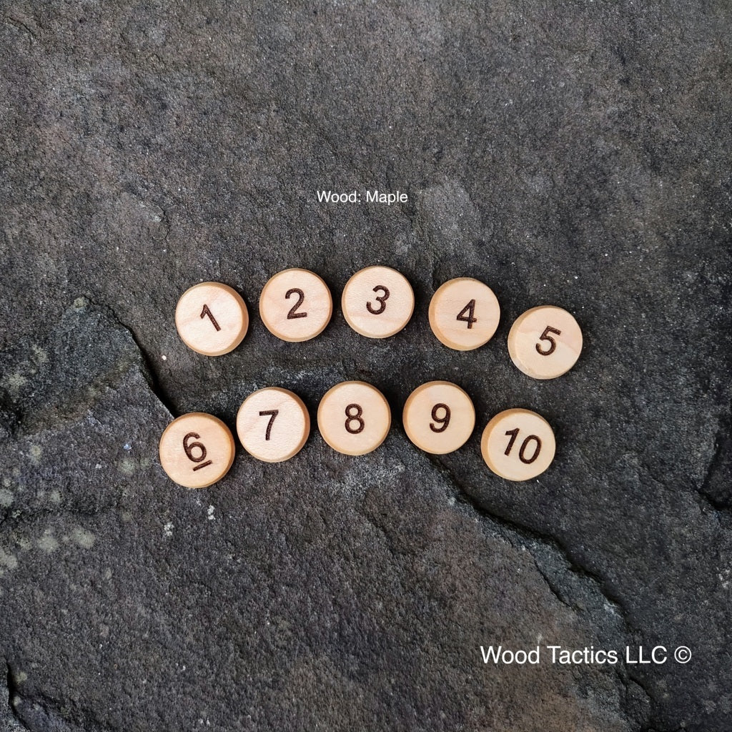 Numbered board game Tokens Made from Sugar Maple Hardwood with standard numbers 1-10