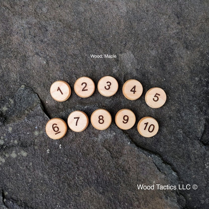 Numbered board game Tokens Made from Sugar Maple Hardwood with standard numbers 1-10