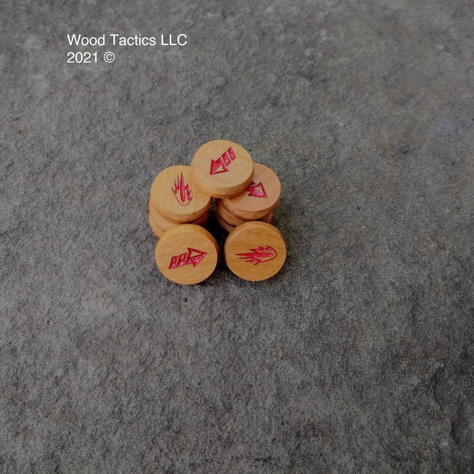 Star Wars X-Wing Miniatures Game Deplete and Strain Tokens made from Cherry Hardwood. Inked in red.