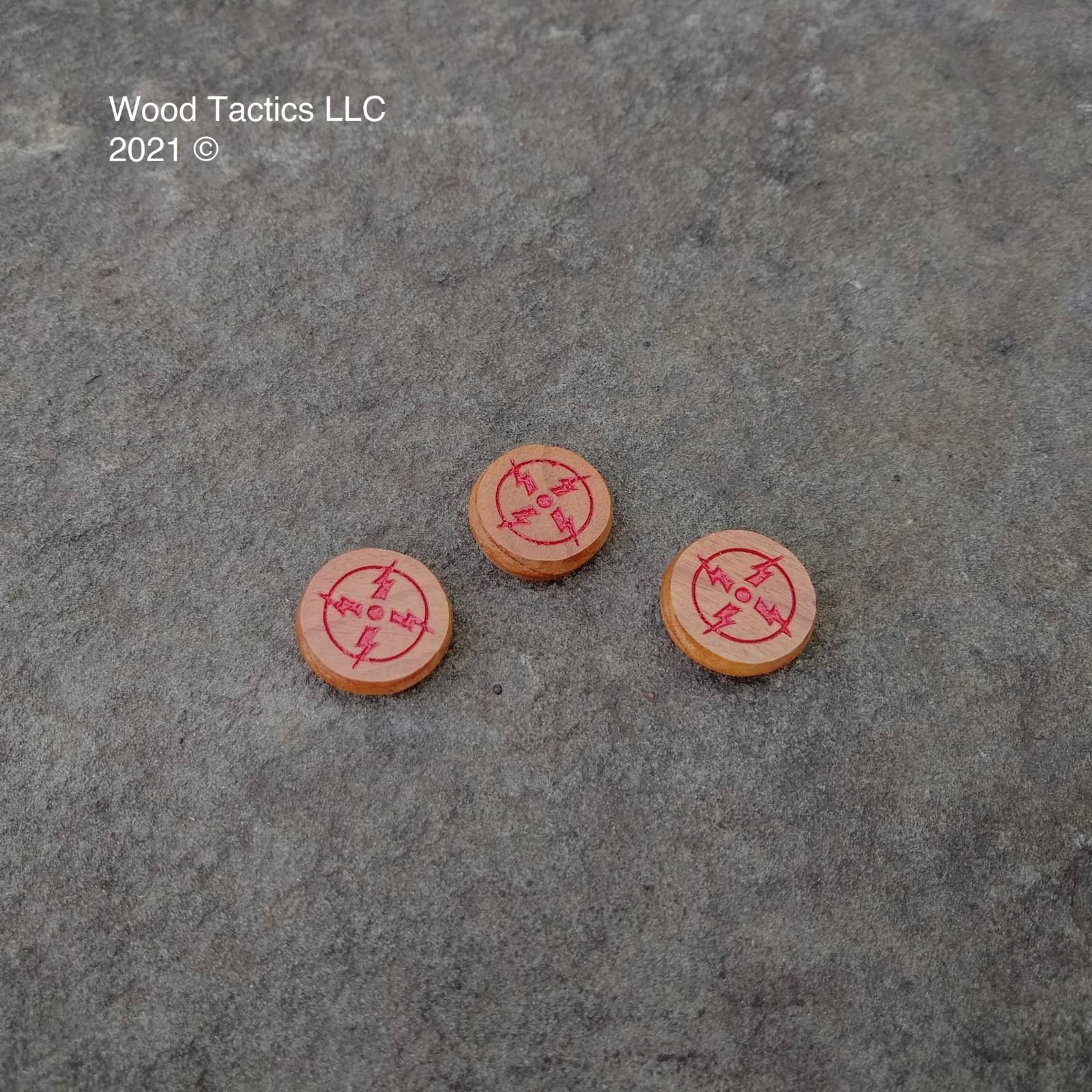 Star Wars X-Wing Miniatures Game Ion Tokens made from Cherry Hardwood. Inked in red.