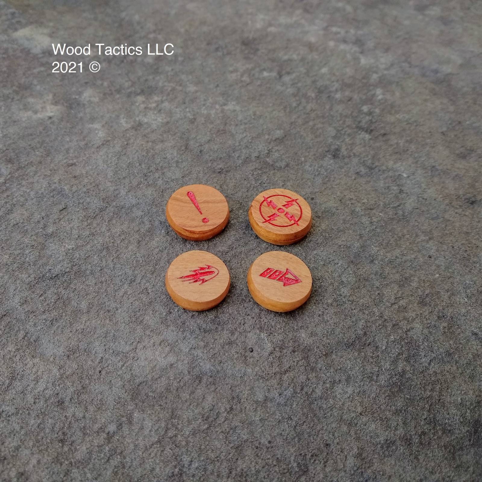 Star Wars X-Wing Miniatures Game Stress, Ion, Deplete and Strain Tokens made from Cherry Hardwood. Inked in red.